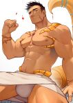  1boy abs bara biceps black_hair blue_hair bulge clenched_hand closed_mouth cross_scar dated facial_hair hidora_art highres large_pectorals male_focus multicolored_hair muscular muscular_male navel nipples original pectorals red_eyes scar scar_on_cheek scar_on_face scorpion_boy scorpion_tail short_hair sitting solo tail thighs two-tone_hair 