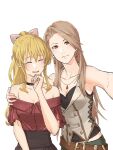  2girls armpits belt black_choker black_shirt blonde_hair blush bow breasts brown_belt brown_hair choker cleavage closed_eyes commentary_request cow earrings granblue_fantasy hair_bow hand_on_another&#039;s_shoulder hand_to_own_mouth highres jewelry katalina_(granblue_fantasy) light_blush light_smile looking_at_viewer midriff_peek miso-ha_(ukyuu) multiple_girls pink_bow ponytail red_eyes selfie shirt sidelocks smile strapless vira_(granblue_fantasy) white_background 