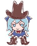  1girl blue_dress blue_eyes blue_hair boots brown_footwear cirno closed_mouth commentary cowboy_hat dress english_commentary full_body hat jitome looking_at_viewer short_hair short_sleeves simple_background skullchimes smile solo standing touhou v-shaped_eyebrows white_background 