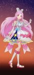  1girl blush boots bow commentary cosplay crossover cure_passion cure_prism cure_prism_(cosplay) dress elbow_gloves eyelashes fpminnie1 fresh_precure! gloves gradient_background hair_bow hair_ornament happy higashi_setsuna highres hirogaru_sky!_precure in-franchise_crossover knee_boots long_hair looking_at_viewer magical_girl pink_eyes pink_hair precure sketch smile solo standing symbol-only_commentary white_dress white_gloves 