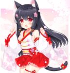  1girl :d animal_ear_fluff animal_ears bare_shoulders black_hair blush cat_ears cat_girl cat_tail detached_sleeves fang floral_print flower frilled_sleeves frills hair_between_eyes hair_flower hair_ornament hands_up highres japanese_clothes kimono long_hair long_sleeves looking_at_viewer original petals pink_flower pleated_skirt print_sleeves red_eyes red_skirt shikito skirt sleeveless sleeveless_kimono sleeves_past_wrists smile solo standing tail very_long_hair white_kimono white_sleeves wide_sleeves 