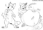  3_fingers 3_toes abdominal_bulge anthro belly belly_slapping big_belly black_nose blush bodily_fluids bodily_noises burping canid canine chest_tuft claws crotch_tuft digestion digestion_noises drooling exclamation_point featureless_crotch feet fidchellvore fingers fox fur hair hand_behind_head head_tuft male mammal monochrome navel nude open_mouth open_smile rumbling_stomach saliva simple_background sitting smile solo sound_effects standing tail tail_motion tailwag teeth the_fox_(huckleberry_bleu) toes tongue tongue_out tuft vore 