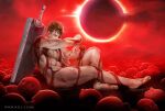  1boy abs artist_name bath bath_of_blood berserk black_hair blood blood_on_body completely_nude corpse dragonslayer_(sword) fallen_angel_(painting) full_moon guts_(berserk) injury large_pectorals male_focus moon muscular muscular_male navel nell_fallcard nipples nude pectorals severed_arm severed_limb short_hair solo spiked_hair sword thighs weapon 