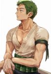  1boy commentary_request earrings green_eyes green_hair highres jewelry katana looking_to_the_side oekakiboya one_piece one_piece_(live_action) roronoa_zoro shirt short_hair simple_background solo standing sword weapon white_background 