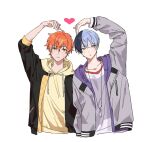  2boys aoyagi_touya arm_at_side arm_up blonde_hair blue_hair commentary_request dark_blue_hair drawstring earrings heart heart_arms_duo higashiyama_(m_hvmi) highres hood hood_down hooded_jacket hoodie hoop_earrings jacket jacket_over_hoodie jewelry light_blue_hair long_sleeves looking_at_viewer mole mole_under_eye multicolored_hair multiple_boys necklace open_clothes open_jacket open_mouth orange_eyes orange_hair partial_commentary project_sekai shinonome_akito short_hair simple_background sleeves_past_elbows split-color_hair streaked_hair two-tone_hair upper_body white_background yaoi yellow_hoodie 
