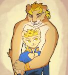  adult_male alternate_species arm_tuft blonde_hair boni_(artist) bracelet dio_brando duo ear_piercing ear_ring felid furrification giorno_giovanna hair hand_holding jewelry jojo&#039;s_bizarre_adventure lion male mammal pantherine piercing ring_piercing smile teeth tuft yellow_eyes young 