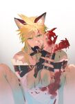  1boy angry animal_ears bandage_on_face bandages bare_shoulders bdsm belt_buckle biting black_collar blonde_hair blood blood_on_clothes blood_on_dress blood_on_face blood_on_hands bondage bound buckle cat_boy cat_ears claws cloud_strife collar crossdressing dress final_fantasy final_fantasy_vii gradient_background green_eyes highres knees_up male_focus medium_hair messy_hair purple_dress restrained simple_background sitting slit_pupils spiked_hair xianyu314 