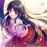  1girl album_cover amane_kurumi black_hair blunt_bangs bow bowtie branch brown_eyes check_commentary cherry_blossoms collared_shirt commentary commentary_request cover floral_print full_moon hime_cut holding japanese_clothes jeweled_branch_of_hourai leaning_forward long_hair long_skirt long_sleeves moon night official_art petals pink_shirt red_skirt shirt skirt smile touhou touhou_cannonball very_long_hair wide_sleeves yellow_bow yellow_bowtie 