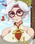  1girl bare_shoulders breasts cleavage glasses green_eyes heart highres karbuitt large_breasts lips looking_at_viewer parted_lips purah short_eyebrows solo the_legend_of_zelda the_legend_of_zelda:_tears_of_the_kingdom updo upper_body white_hair 