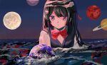  1girl afloat bessou_(harirure661) black_hair black_sweater_vest blue_sky bow bowtie brown_eyes commentary_request earth_(planet) full_moon giant giantess grey_hair hair_ornament hairclip half_updo highres jupiter_(planet) long_hair mars_(planet) moon multiple_sources nijisanji ocean partially_submerged planet red_bow red_bowtie saturn_(planet) school_uniform shirt sky solo star_(sky) starry_sky surreal sweater_vest tsukino_mito virtual_youtuber waves wet wet_hair white_shirt 