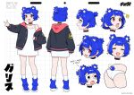  !? 1girl animal_ears artist_name ass bear_ears bear_girl bear_tail black_jacket blue_footwear blue_hair blush brown_eyes choker expressions fang gris_(vertigris) highres jacket long_sleeves open_mouth original panties reference_sheet short_hair smile socks solo tail underwear v vertigris white_panties white_socks 