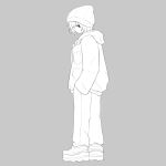  1boy avogado6 baggy_clothes baggy_pants bags_under_eyes beanie commentary commentary_request greyscale half-closed_eyes hands_in_pockets hat hood hood_down hoodie jacket layered_clothes long_sleeves looking_at_viewer looking_back medium_hair monochrome no_mouth original pants platform_footwear ribs simple_background skinny solo thumbnail_surprise x-ray 