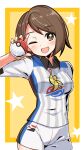  1girl arm_behind_back brown_eyes brown_hair collared_shirt commentary cougar_(cougar1404) cowboy_shot gloria_(pokemon) holding holding_poke_ball long_sleeves looking_at_viewer one_eye_closed open_mouth poke_ball poke_ball_(basic) pokemon pokemon_(game) pokemon_swsh print_shirt shirt short_hair short_shorts shorts smile solo standing star_(symbol) white_shirt white_shorts yellow_background 