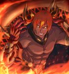  abs armor ashwatthama_(fate) chakram dark-skinned_male dark_skin deltoids fate/grand_order fate_(series) fire gauntlets highres looking_at_viewer muscular muscular_male pectorals red_hair smile topless_male weapon wheel yellow_eyes yumechiku 