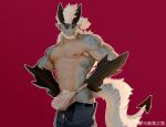  1boy abs absurdres artist_request bara beard bulge denim dragon_boy dragon_horns erection erection_under_clothes facial_hair feet_out_of_frame furry furry_male highres horns i&#039;ve_never_seen_a_guy_recreate_this_successfully_tbh_(meme) jeans male_focus male_underwear meme muscular muscular_male nipples open_pants original pants pants_lift pectorals red_background see-through_silhouette short_hair solo stomach topless_male underwear wet wet_clothes wet_male_underwear white_male_underwear 