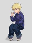  1boy blonde_hair blue_eyes blue_pants candy commentary denim english_commentary food full_body grey_background hanazawa_teruki highres holding holding_candy holding_food holding_lollipop jeans kyokyeo lollipop long_sleeves male_focus mob_psycho_100 pants purple_footwear purple_shirt shirt shoes short_hair simple_background sitting sneakers solo tongue tongue_out 