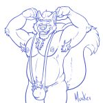  anthro belly bulge hi_res male mankini musker nipple_piercing nipples piercing skolf smile solo toxico_the_skolf 