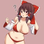  1girl ? bikini bow breasts brown_background brown_eyes brown_hair cleavage commentary_request cowboy_shot detached_sleeves hair_bow hair_tubes hakurei_reimu hand_in_own_hair highres large_breasts looking_at_viewer medium_hair mogura_(mogura108) navel nipple_slip nipples open_mouth red_bikini red_bow ribbon-trimmed_sleeves ribbon_trim sidelocks simple_background solo swimsuit touhou 