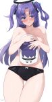  1girl absurdres bare_shoulders black_panties blue_archive blush breasts chibi chibi_inset collarbone commentary_request embarrassed eyes_visible_through_hair hair_ornament halo highres long_hair looking_away medium_breasts midriff object_hug panties parted_bangs pillow pillow_hug purple_eyes purple_hair sidelocks simple_background solo tomid topless two_side_up underwear white_background yuuka_(blue_archive) 