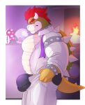  abdominal_bulge absurd_res anthro belly belly_overhang big_bulge big_butt bottomwear bowser bulge butt clothed clothing collar dragonslash embarrassed hair hat headgear headwear hi_res horn huge_bulge koopa male mario_and_luigi_(series) mario_bros marriage_proposal meme meme_clothing musclegut nintendo open_clothing open_shirt open_topwear overweight pants pecs proposal red_eyes red_hair scalie shell shirt small_clothing solo spikes super_mario_bros._(movie) tail thick_tail too_big topwear underwear wedding 