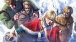  4boys askeladd beard blonde_hair blue_eyes canute cape facial_hair fur-trimmed_cape fur_trim highres long_hair male_focus multiple_boys short_hair snow thorfinn thorkell viking vinland_saga 