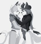  animal_genitalia anthro balls bodily_fluids bottomless canid canine canis clothed clothing duo felid flaccid foreskin fox foxzor genitals greyscale hat headgear headwear hi_res hoodie humanoid_genitalia humanoid_penis hybrid ion_(ion-yggdrasil) kissing leo_(foxzor) lion male male/male mammal monochrome pantherine penis penis_tip saliva saliva_string sheath shoulder_grab simple_background topwear waist_grab wolf young 