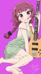  1girl absurdres arm_support bare_shoulders barefoot black_nails blunt_ends blush bocchi_the_rock! braid braided_ponytail breasts closed_mouth dress earrings electric_guitar eyelashes feet foot_out_of_frame green_dress guitar highres hiroi_kikuri holding holding_instrument instrument jewelry legs licking_lips long_hair looking_at_viewer lying nail_polish on_side purple_background purple_eyes purple_hair signature simple_background sitting soles solo strap_slip stud_earrings thighs toes tongue tongue_out yokozuwari zetsuyo_chimayo 