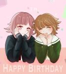  1boy 1girl black_jacket blush brown_hair clenched_hand closed_eyes danganronpa:_trigger_happy_havoc danganronpa_(series) danganronpa_2:_goodbye_despair dated flipped_hair fujisaki_chihiro galaga green_jacket hair_ornament hands_up happy_birthday highres jacket long_sleeves medium_hair nanami_chiaki nuzi_(danron_girl) pink_background pink_eyes pink_hair short_hair smile upper_body 