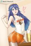 1girl absurdres aegis_(nerocc) alcohol beer beer_mug blue_eyes blue_hair blush breasts cleavage collarbone commentary_request commission crotch_rub cup female_masturbation fire_emblem fire_emblem_awakening hair_between_eyes hand_on_own_hip heart highres hooters indoors jewelry long_hair lucina_(fire_emblem) masturbation mug open_mouth orange_shorts pendant psd_available short_shorts shorts skeb_commission sleeveless small_breasts smile solo tank_top teeth tiara tongue tongue_out upper_teeth_only waitress white_tank_top 