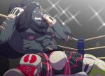  abs anthro bulge duo fighting_ring fishnet_leggings fur grey_body grey_fur headlock hi_res horn male monster muscular muscular_anthro muscular_male nipples pecs pleiades_fall wrestling wrestling_outfit 