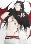  1boy abs absurdres belt black_hair black_shirt character_name demon_horns demon_wings guilty_challenge_(meme) hand_over_eye highres horns jewelry long_hair male_focus male_underwear meme multicolored_hair muscular muscular_male navel nijisanji nijisanji_en pants pink_eyes red_hair shirt smile solo stomach tattoo torn_clothes torn_shirt underwear virtual_youtuber vox_akuma wander2_meii white_pants wings 
