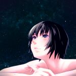  1girl amagami black_eyes black_hair black_sky blush close-up closed_mouth commentary crossed_arms film_grain hair_between_eyes highres lips looking_up nanasaki_ai night night_sky nose nude oshizu outdoors portrait short_hair sky solo star_(sky) starry_sky wet 