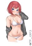  1girl absurdres ark_royal_(kancolle) bikini blue_eyes bob_cut breasts cleavage cropped_legs grey_jacket highres jacket kantai_collection large_breasts lowleg lowleg_bikini one-hour_drawing_challenge open_clothes open_jacket parted_lips red_hair short_hair simple_background solo swept_bangs swimsuit tf_cafe twitter_username white_background white_bikini 