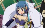  1girl blue_eyes blue_hair cape hair_ornament highres holding holding_sword holding_weapon magical_girl mahou_shoujo_madoka_magica miki_sayaka nanaeljustice open_mouth short_hair smile sword tagme weapon 