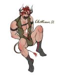  1boy abs absurdres animal_ears arknights bara beard black_socks blush bodysuit bulge chest_harness cow_boy cow_ears cow_horns_hair dog_tags duct_tape facial_hair from_above full_body gag green_bodysuit harness highres humus_(arknights) improvised_gag jilian_dongningqi knees_up large_pectorals leg_hair looking_at_viewer male_focus male_pubic_hair mature_male muscular muscular_male navel_hair nipples pectoral_cleavage pectorals pubic_hair pubic_hair_peek red_hair short_hair sleeveless socks solo tape tape_gag thick_eyebrows thighs 