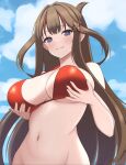 +_+ 1girl :3 bare_shoulders bikini bikini_top_only blue_eyes blue_sky blush bottomless breast_lift breasts brown_hair chinese_knot cleavage cloud commentary_request day flower-shaped_pupils grabbing_own_breast groin hair_ornament hair_rings highres horizon large_breasts long_hair looking_at_viewer multicolored_hair navel ocean outdoors red_bikini red_hair senran_kagura senran_kagura_new_link sky smile solo standing streaked_hair surippa1010 swimsuit symbol-shaped_pupils toki_(senran_kagura) underboob water 