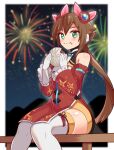  1girl aile_(mega_man_zx) baozi blurry blurry_background brown_hair chinese_clothes closed_mouth cosplay cougar_(cougar1404) detached_sleeves eating fireworks food food_on_face gloves green_eyes holding holding_food long_hair looking_at_viewer mega_man_(series) mega_man_x_(series) mega_man_x_dive mega_man_zx night night_sky rico_(mega_man) rico_(mega_man)_(cosplay) sitting sky solo thighhighs white_gloves 