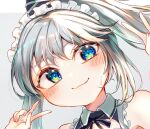  1girl blue_eyes closed_mouth commentary double_v grey_background grey_hair hat itsumizu looking_at_viewer maid_headdress mononobe_no_futo ponytail sidelocks simple_background smile solo tate_eboshi touhou upper_body v 