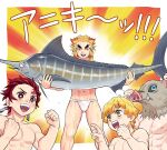  4boys abs agatsuma_zenitsu animal blonde_hair boar_mask earrings fish forked_eyebrows hashibira_inosuke holding holding_animal holding_fish jewelry kamado_tanjirou kimetsu_no_yaiba long_hair male_focus male_underwear marotoskin multicolored_hair multiple_boys muscular muscular_male navel nipples open_mouth red_eyes red_hair rengoku_kyoujurou scar scar_on_face topless translation_request two-tone_hair underwear yellow_eyes 