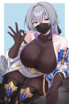  1girl bare_shoulders boots breasts bronya_rand collarbone commentary_request earrings elbow_gloves fellatio_gesture gloves grey_eyes grey_hair highres honkai:_star_rail honkai_(series) jewelry kanta_(kanta_077) large_breasts long_hair looking_at_viewer mask mouth_mask pantyhose simple_background solo thick_thighs thigh_boots thighs 