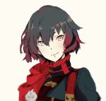  1girl black_hair black_shirt cape flower gradient_hair grey_eyes hayami_ritsu highres looking_at_viewer military military_uniform multicolored_hair red_cape red_hair roosterteeth rose ruby_rose rwby shirt short_hair smile solo strap uniform upper_body white_background 