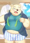  2023 absurd_res anthro bear belly big_belly blue_eyes blush bulge clothing eyewear glasses hi_res kemono leib_(tas) lifewonders male mammal mau_(artist) necktie one_eye_closed overweight overweight_male polar_bear shirt solo tokyo_afterschool_summoners topwear underwear ursine 