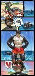 anthro beach beach_blanket black_body blush brown_eyes brown_hair cetacean clothing codyblue-731 dolphin dragon duo eyewear green_eyes grey_body hair hairless hi_res horn male male/male mammal marine muscular muscular_male oceanic_dolphin orca paws reptile scalie sea seaside sunglasses swimming_trunks swimwear toothed_whale water wet wet_body wetsuit wingless_dragon 