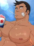  1boy abs ace_attorney bandaid bandaid_on_face bara black_hair chest_hair collarbone cup dark-skinned_male dark_skin dick_gumshoe facial_hair food highres hima_hawa holding holding_cup light_particles looking_at_viewer male_focus mouth_hold muscular muscular_male nipples pectorals shaved_ice short_hair solo stalk_in_mouth stubble sweatdrop thick_eyebrows topless_male translation_request 