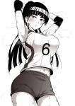  1girl armpits arms_behind_head arms_up blunt_bangs blush breasts commentary_request cowboy_shot ebino_mei elbow_pads greyscale hatsukoi_zombie high_ponytail highres large_breasts long_hair looking_at_viewer midriff_peek monochrome monpuchi navel parted_lips shirt short_shorts shorts sleeveless sleeveless_shirt solo sportswear steaming_body sweat sweatdrop thick_eyebrows volleyball_uniform white_background 