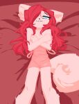  anthro black_nose blue_eyes breasts clothed clothing covering covering_breasts covering_self crossed_arms eyebrows female fluffy fluffy_tail fur hair long_hair lying mammal narrowed_eyes negligee on_back red_hair smile solo tail topless virteil white_body white_fur 