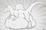  after_vore black_and_white dinosaur feral feral_pred hand_on_stomach huge_belly looking_at_viewer male male_pred monochrome reptile scalie simple_background spinosaurid spinosaurus thatgryphonguy theropod vore 