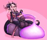  &lt;3 absurd_res anthro balls big_balls big_breasts big_penis big_tail black_sclera blush bodily_fluids breasts cleavage clothed clothing condom condom_balloon cum dragon ejaculation excessive_cum excessive_genital_fluids filled_condom genital_fluids genitals gynomorph hair hi_res horn huge_balls huge_breasts huge_penis huge_tail hyper hyper_balls hyper_genitalia intersex limebreaker looking_at_viewer penis pink_eyes pink_hair pupils sexual_barrier_device sitting_on_tail smile solo tail thick_thighs wearing_condom white_pupils 