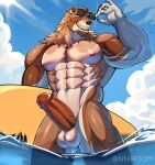  abs alexaboom anthro balls bear biceps biped black_nose brown_body brown_fur brown_hair claws cloud erection eyewear eyewear_on_head fangs fingers fur genitals hair hi_res holding_object looking_at_viewer male male/male mammal muscular muscular_anthro muscular_male muscular_thighs nipples partially_submerged pecs penis sky solo solo_focus standing standing_in_water sun sunglasses surfboard teeth triceps water white_body white_fur 