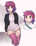  1girl black_eyes black_jacket chibi choker commentary fishnet_pantyhose fishnets grey_background highres jacket multiple_views open_clothes open_jacket pantyhose purple_hair purple_thighhighs purrlucii ramona_flowers scott_pilgrim_(series) shirt short_hair sitting thighhighs white_shirt 